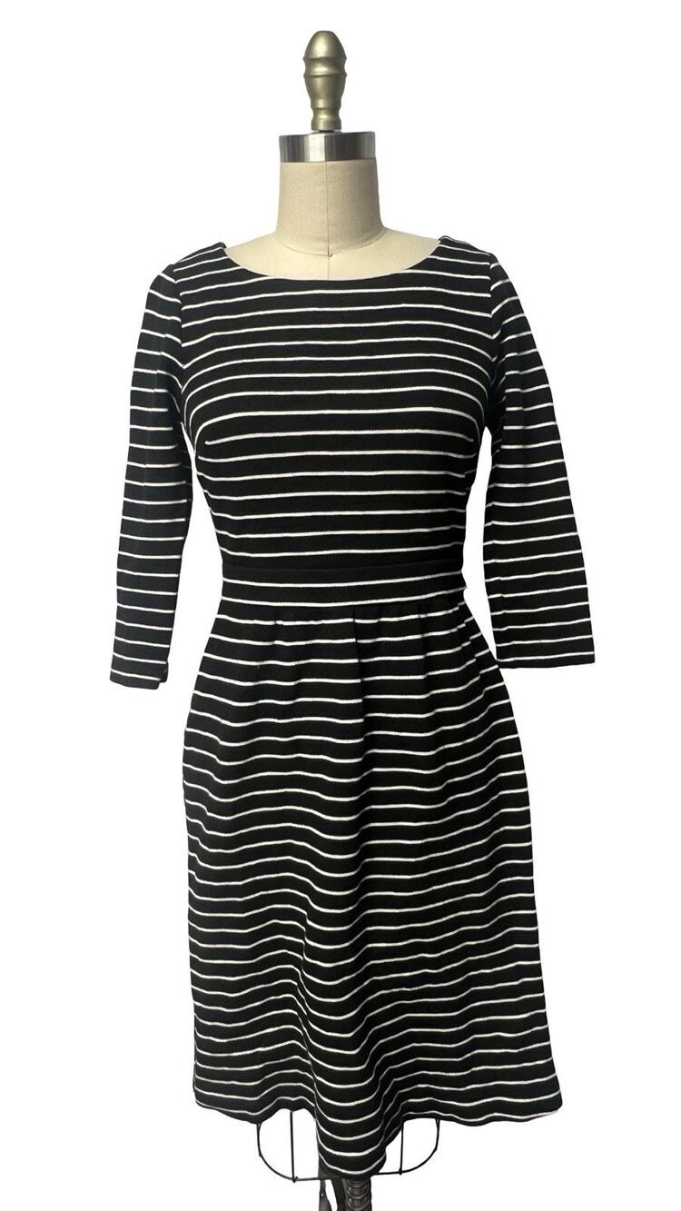 Boden Black White Stripe 3/4 Sleeve Fit Flare Heavy Knit Preppy Dress US 6 L